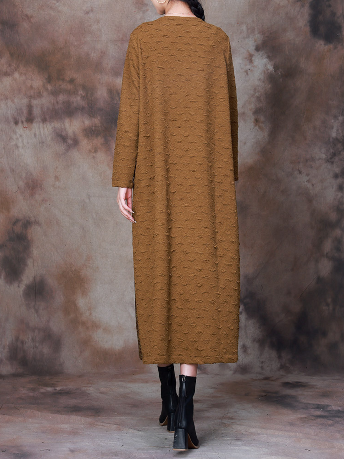 Round Neck Long Sleeve Frog Button Floral Patchwork Loose Midi Dress 3