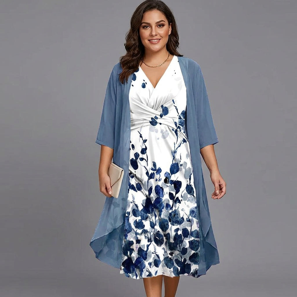 V-Neck Floral Twist Front Midi Dress Chiffon Cardigan Set