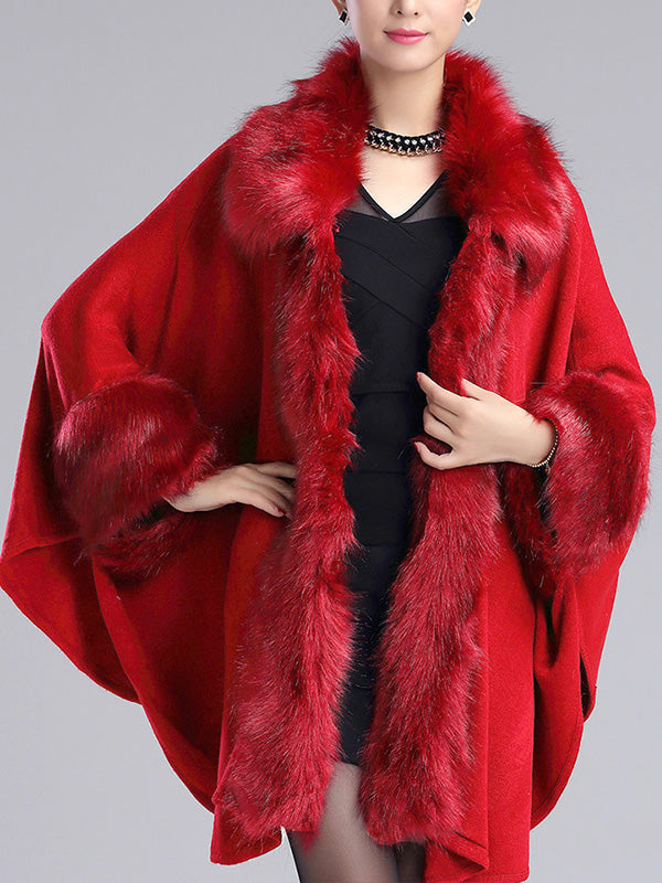 Faux Fur Trim Open Front Batwing Knit Cape Cardigan