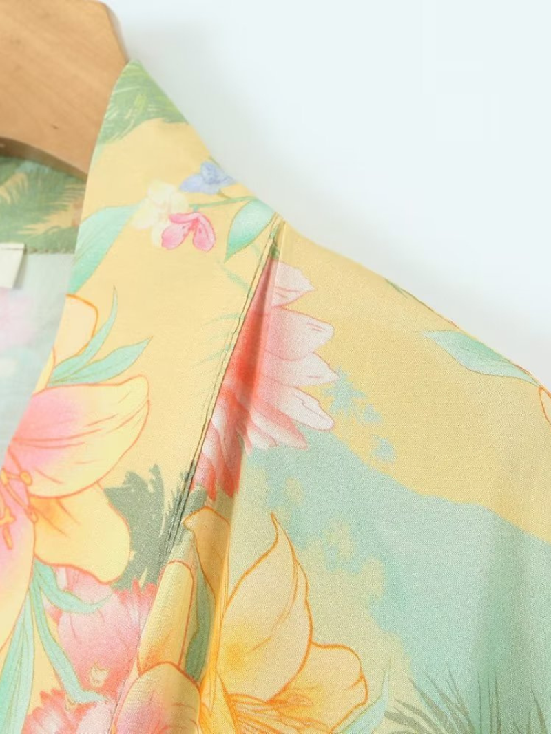 Yellow Tropical Floral Belted Short Sleeve Long Kimono Robe 4