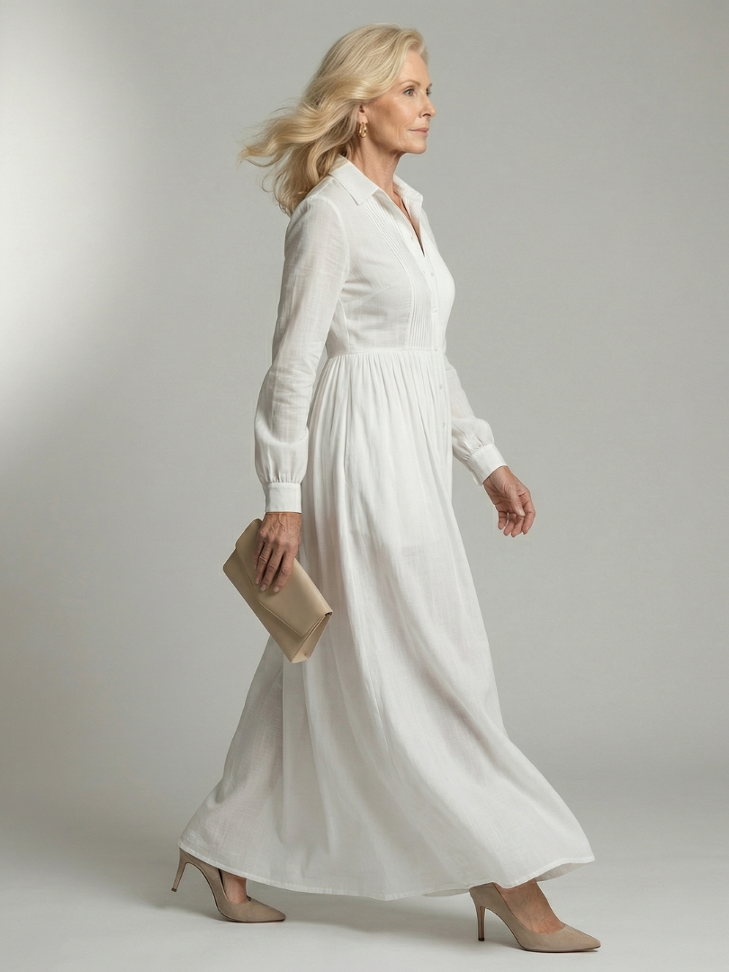 Collared Pintuck Long Sleeve Button Front Shirt Maxi Dress 2