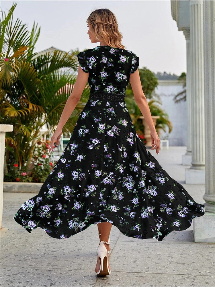 Women's Shirt All Over Floral Print High Low Hem -Line Dress