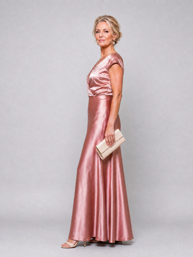 V-Neck Cap Sleeve Satin Wrap Bodice Bias Maxi Gown 3