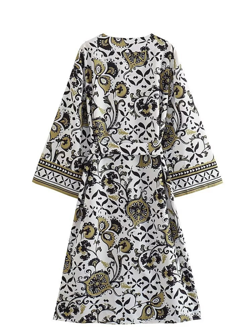 Multi Color Damask Floral Bordered Print Belted Long Kimono 3