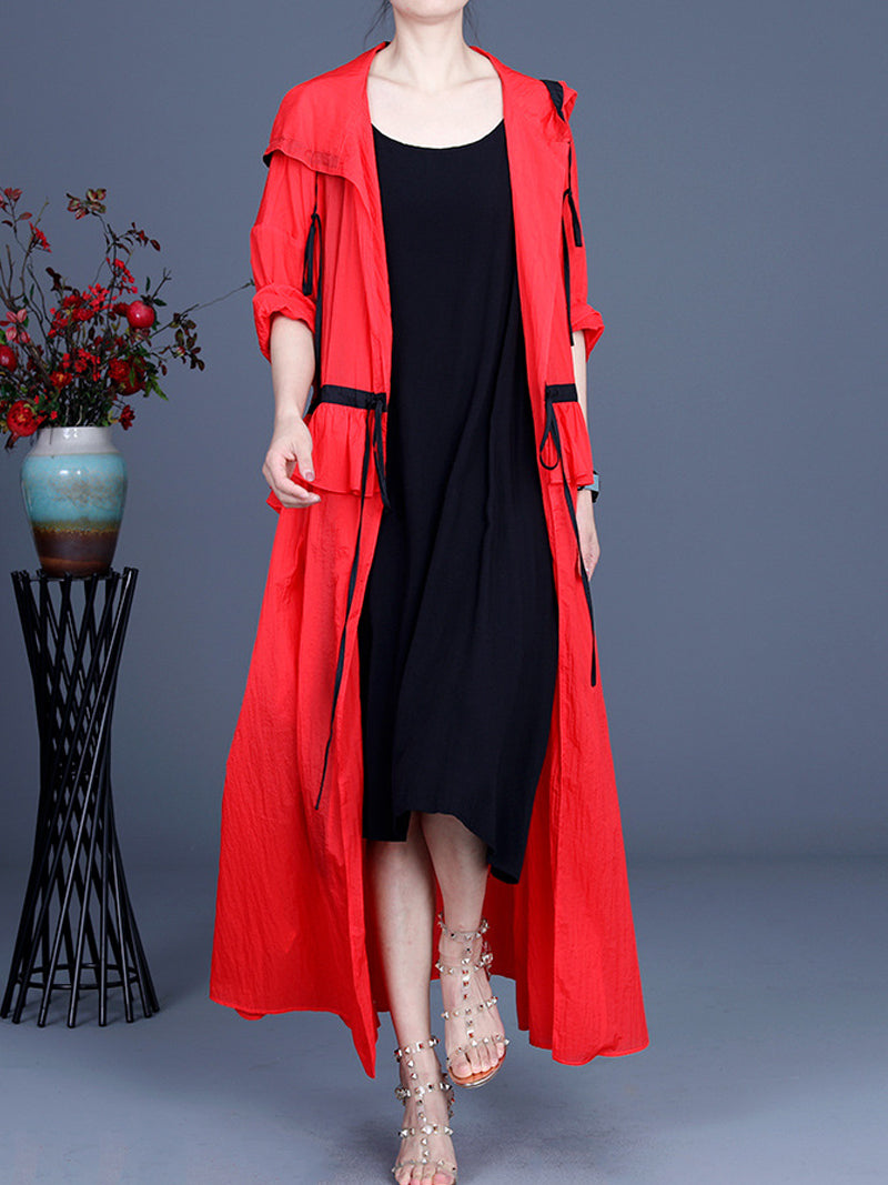 Hooded Drawstring Ruffle Pocket Open Front Long Duster Coat 9