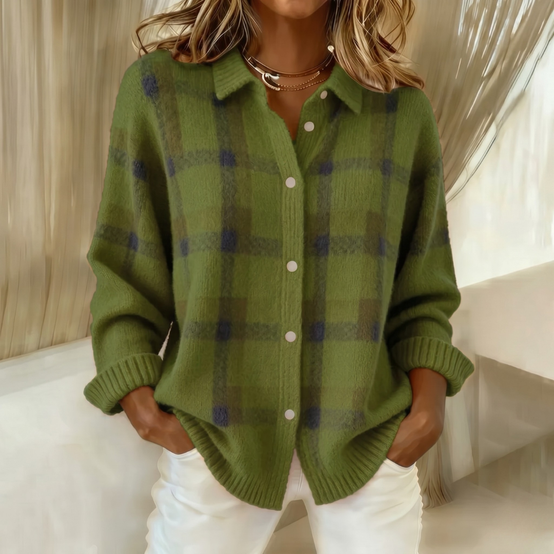 Collared Plaid Knit Button Front Long Sleeve Cardigan 6