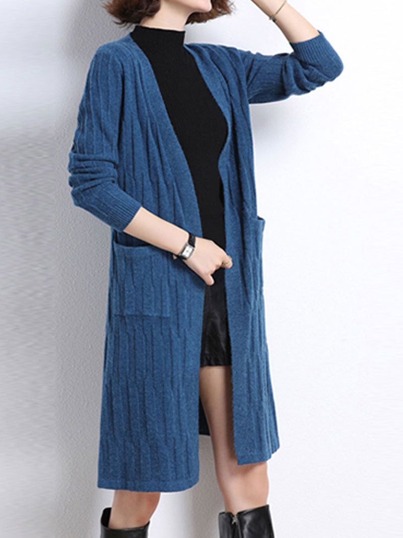 Open Front Ribbed Knit Patch Pocket Long Sleeve Cardigan 3