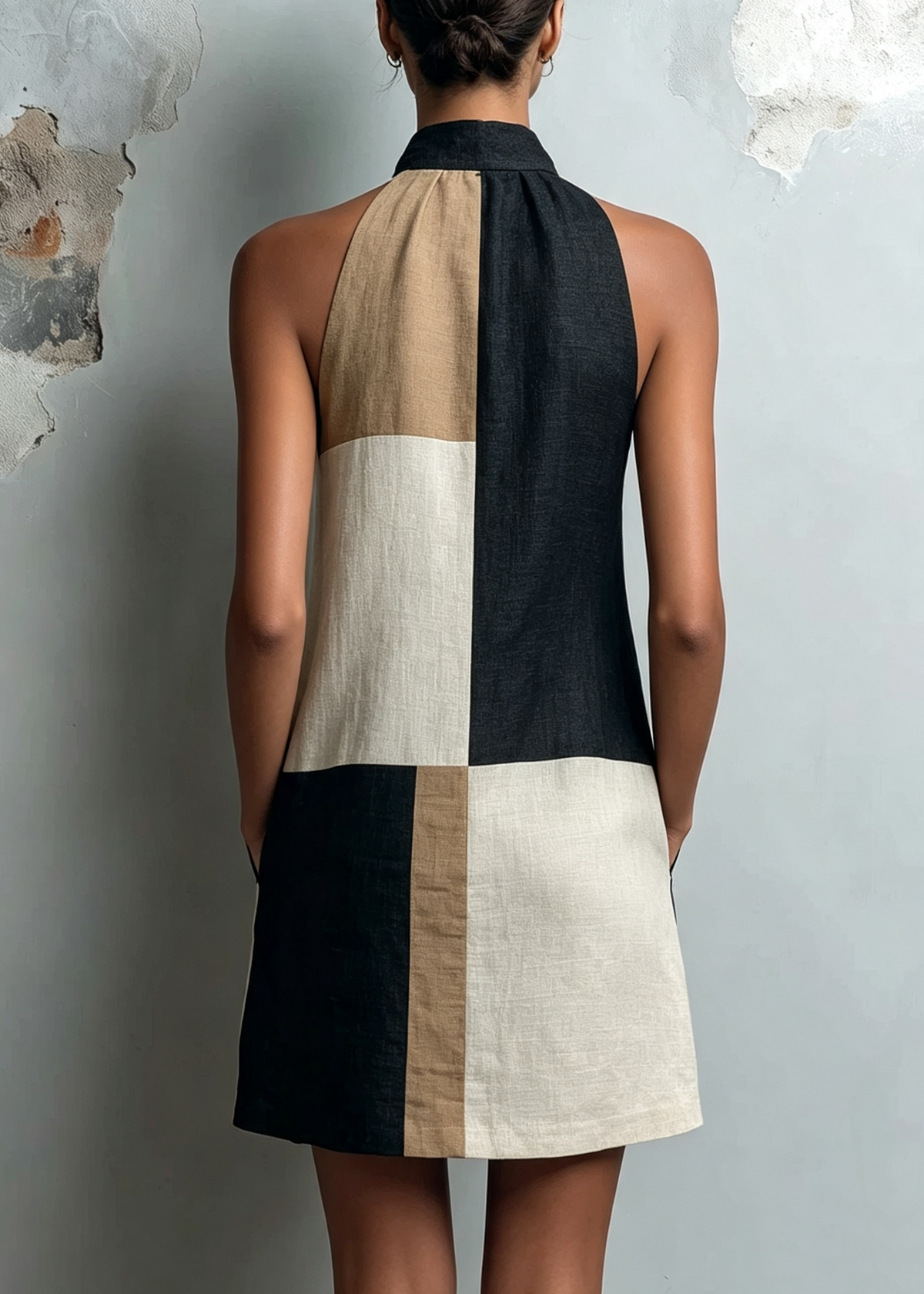 Halter Neck Colorblock Patchwork Sleeveless Shift Mini Dress 3