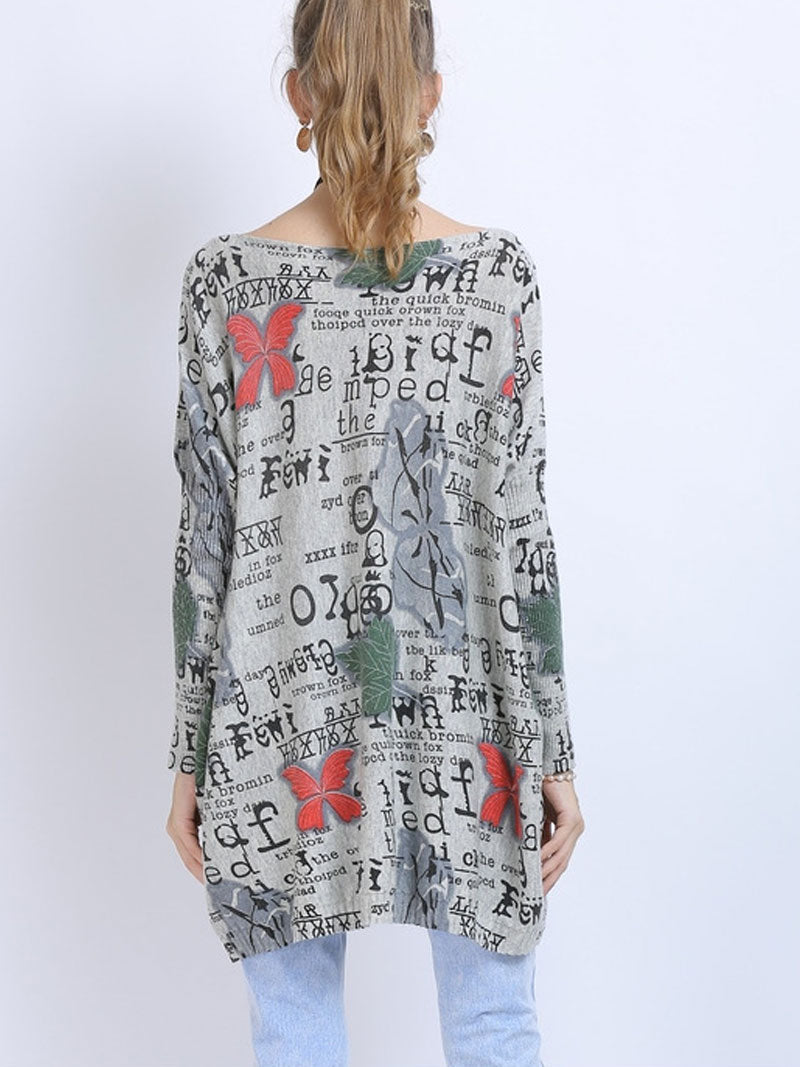 Boat Neck Butterfly Letter Print Long Sleeve Knit Tunic Top 6