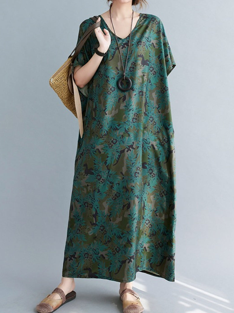 Green V-Neck Batwing Sleeve Floral Print Loose Kaftan Maxi Dress