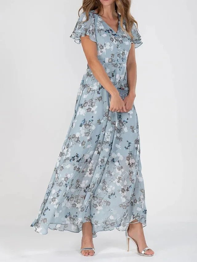 V-Neck Flutter Sleeve Floral Print Flowy A-Line Maxi Dress