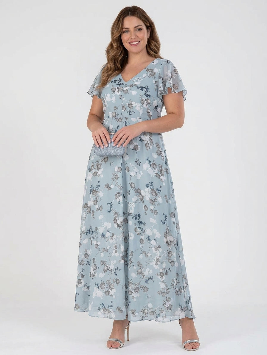 V-Neck Floral Print Chiffon Flutter Sleeve A-Line Maxi Dress
