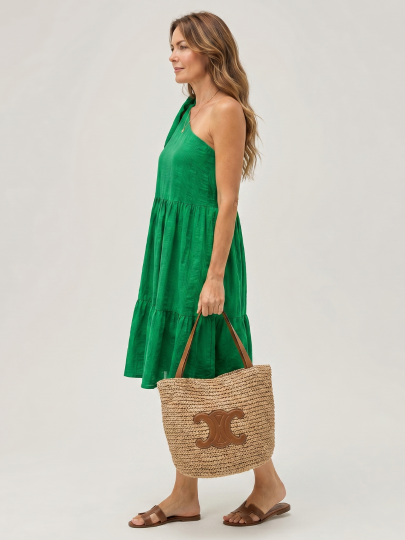 Green One Shoulder Tie Bow Tiered A-Line Midi Dress 2