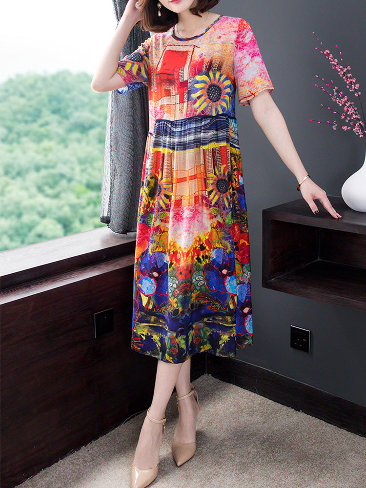 Round Neck Sunflower Floral Print Short Sleeve A-Line Midi Dress 2
