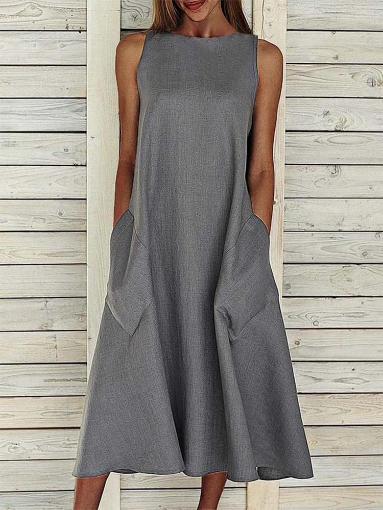 Summer Crew Neck Solid Cotton Blend Sleeveless Pocket Dress