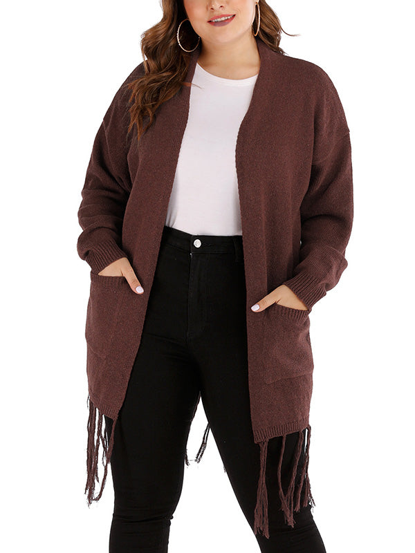 Brown Open Front Patch Pocket Tassel Hem Long Sleeve Knit Cardigan 3