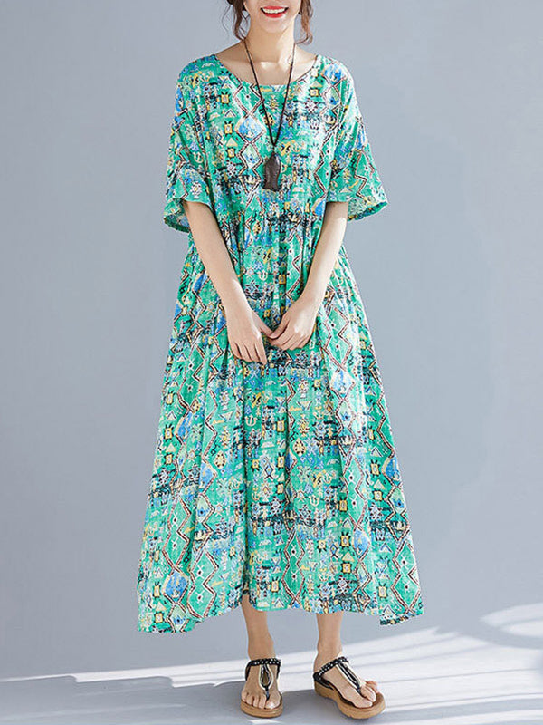 Multi Color Round Neck Geometric Print Batwing Sleeve Loose Smock Maxi Dress 2