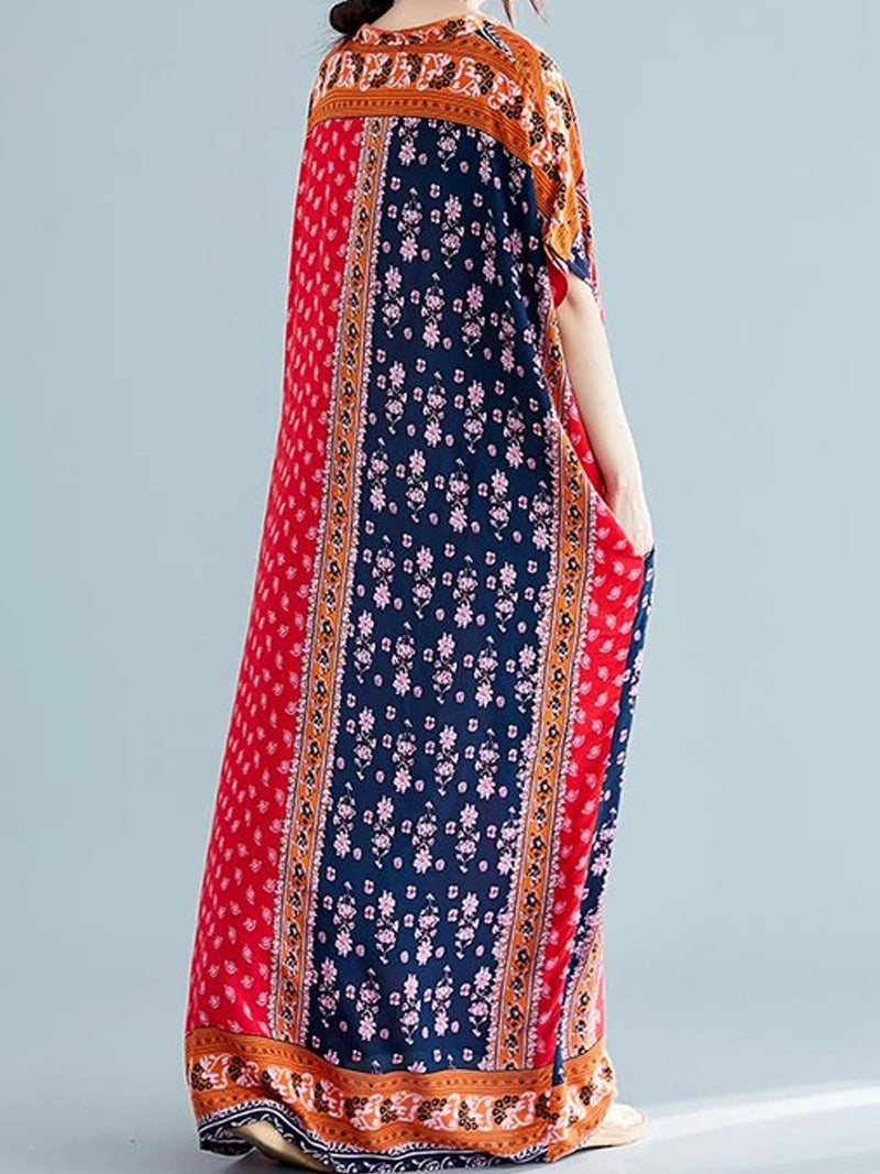Red V-Neck Short Sleeve Bohemian Floral Patchwork Loose Kaftan Maxi Dress 3