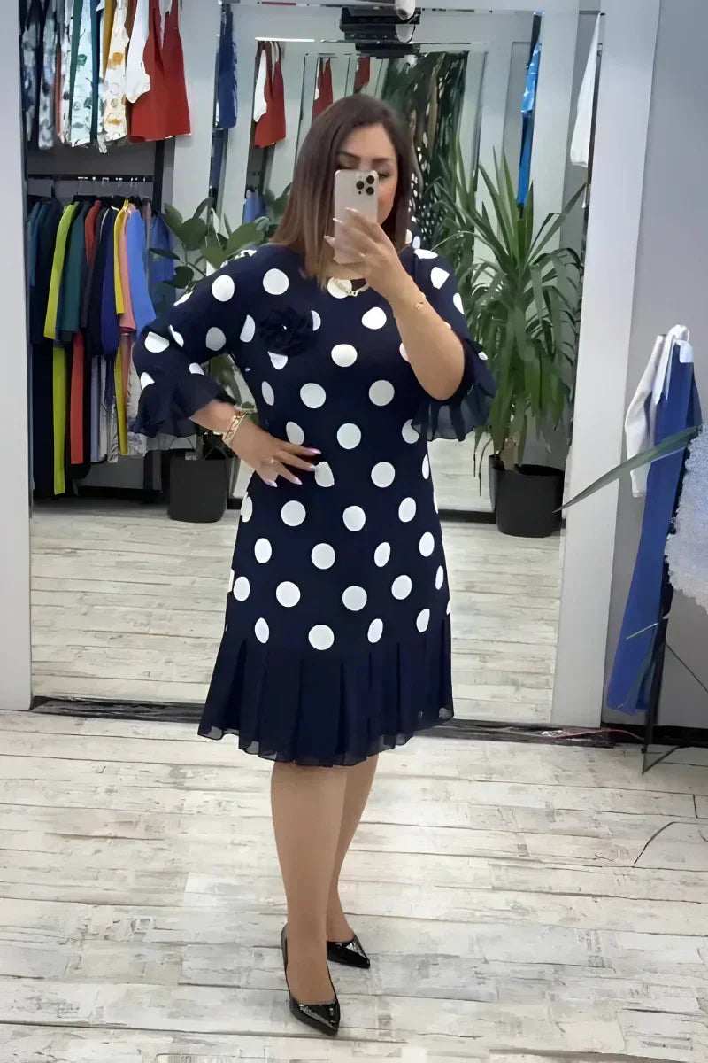 Round Neck Flare Sleeve Polka Dot Ruffle Hem Shift Midi Dress 2