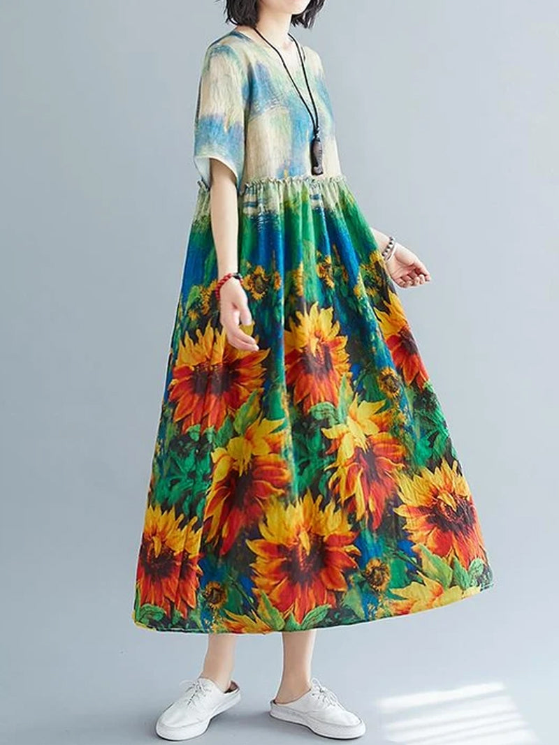 Multi Color Round Neck Sunflower Print Short Sleeve Pleated Smock Midi Dress 2
