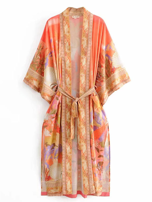 Orange Shawl Collar Floral Crane Print Belted Long Kimono Robe