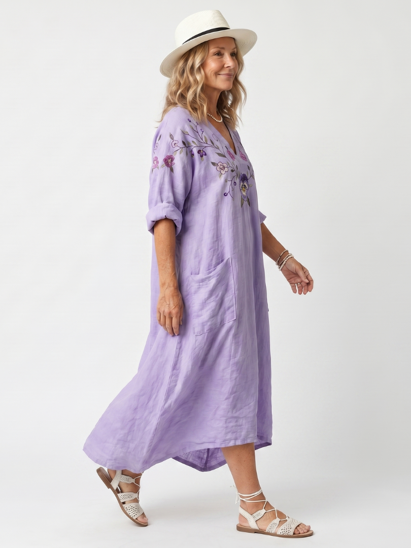 Purple V-Neck Floral Embroidery Long Sleeve Linen Pocket Midi Dress 2
