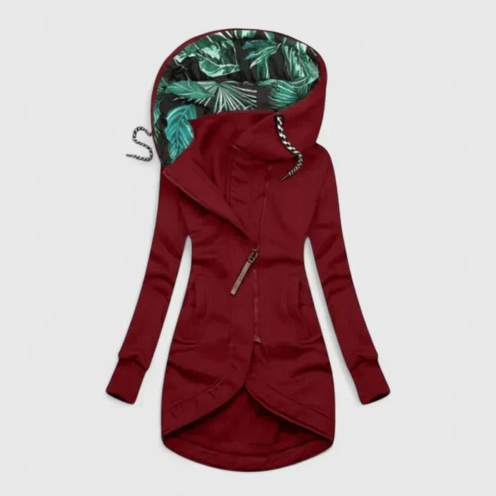 Zip Front Tropical Leaf Lined Hood Asymmetric Hem Hoodie