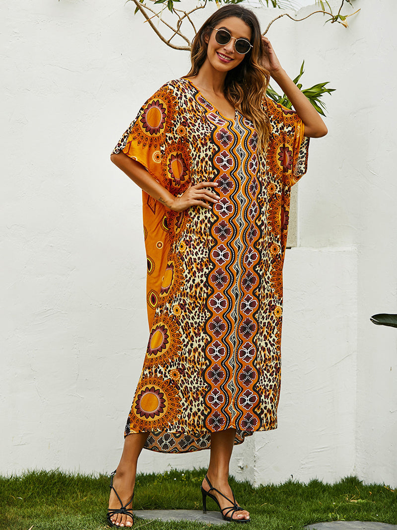Yellow V-Neck Mandala Leopard Print Batwing Sleeve Kaftan Maxi Dress