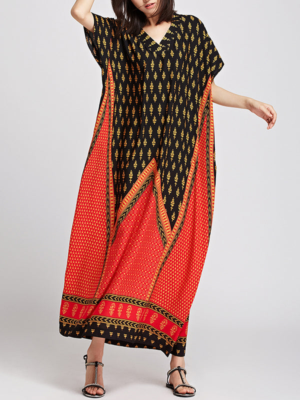 Brown V-Neck Ethnic Border Print Batwing Sleeve Kaftan Maxi Dress 5