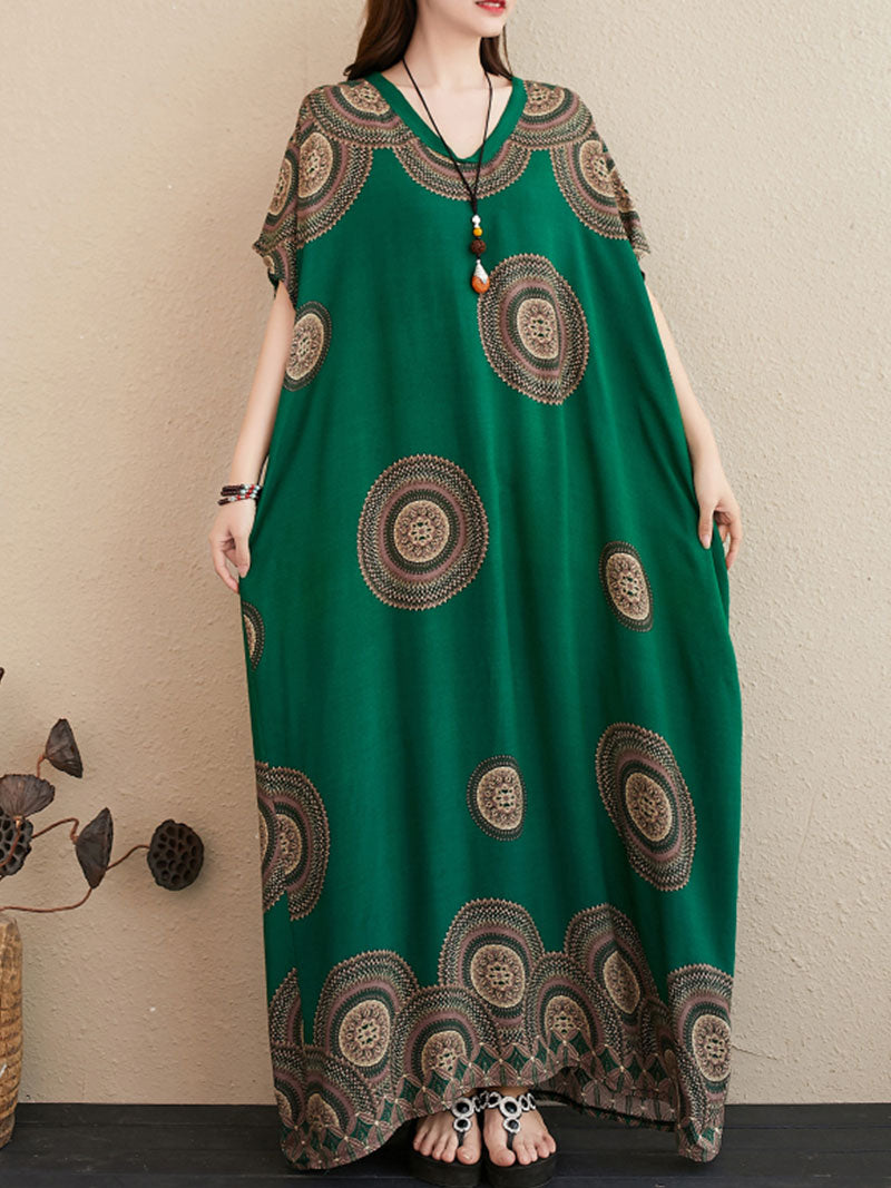 Green V-Neck Medallion Print Batwing Sleeve Loose Kaftan Maxi Dress