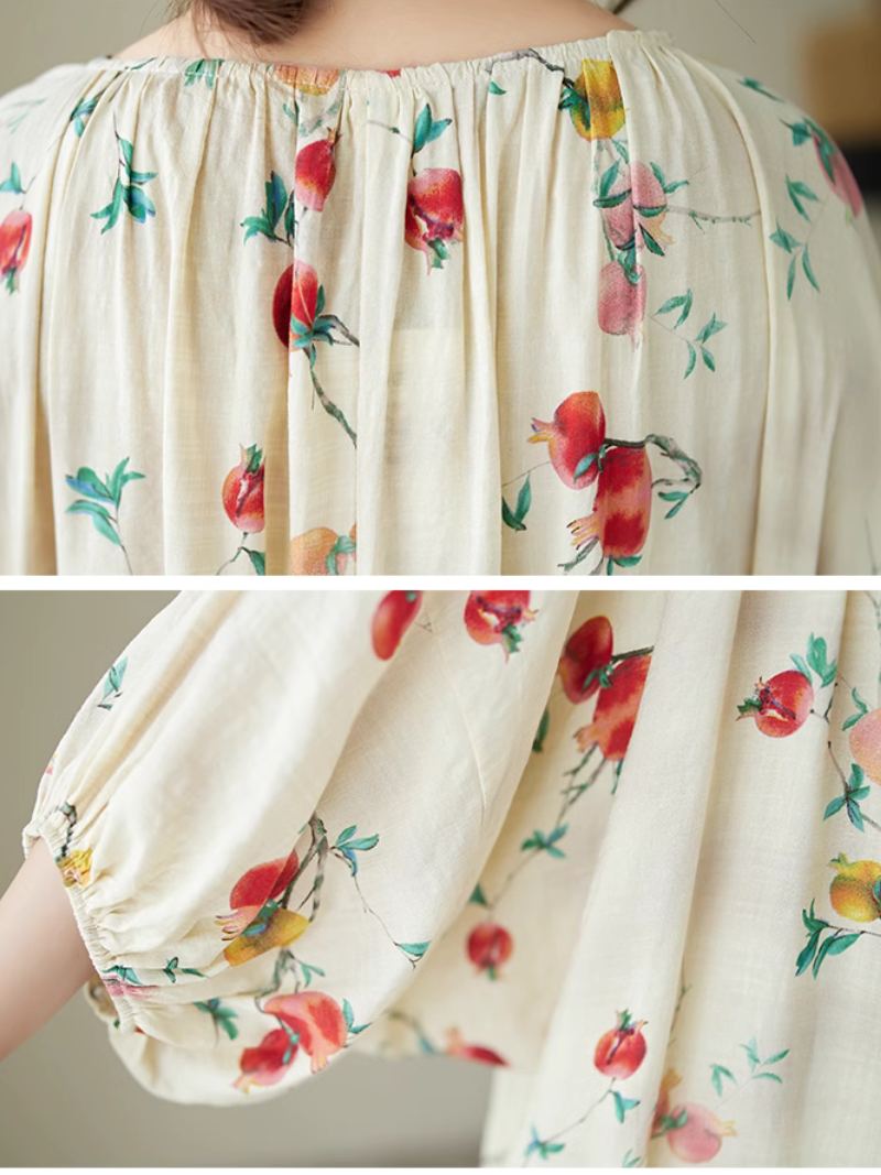 White Round Neck Fruit Print Batwing Sleeve Loose A-Line Maxi Dress