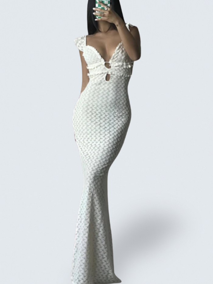 Deep V-Neck Textured Knit Keyhole Cutout Mermaid Gown