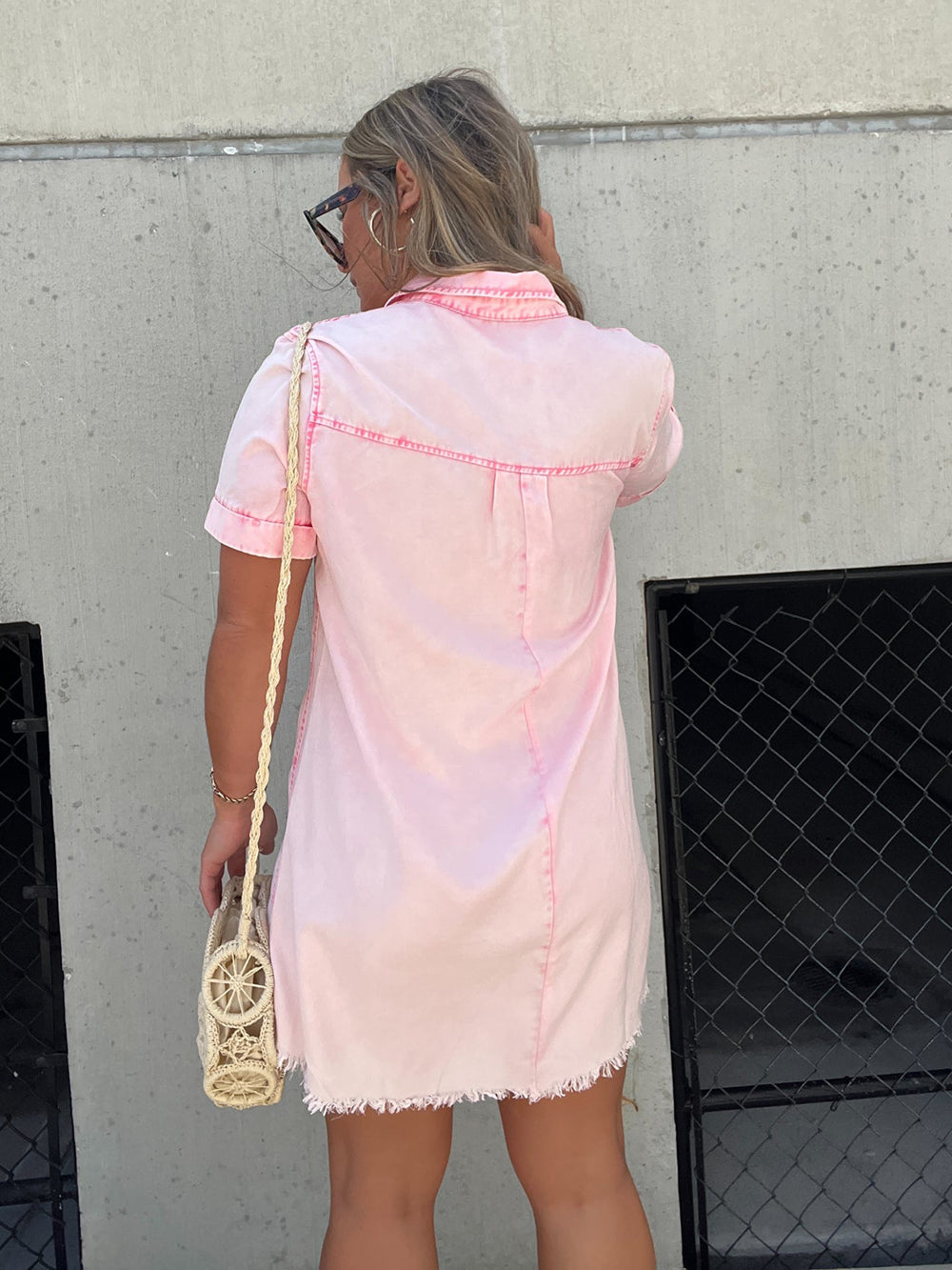 Collared Short Sleeve Frayed Hem Denim Shift Mini Dress 4