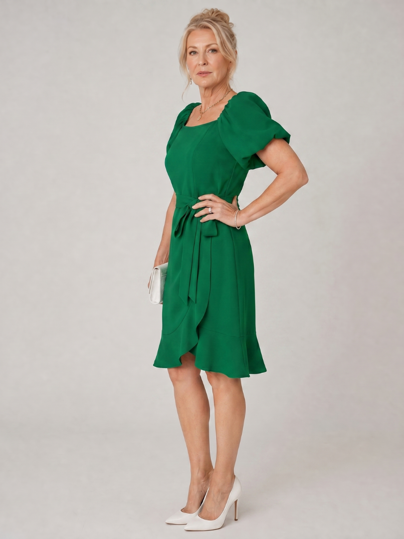 Square Neck Puff Sleeve Tie Waist Ruffle Hem A-Line Mini Dress 3