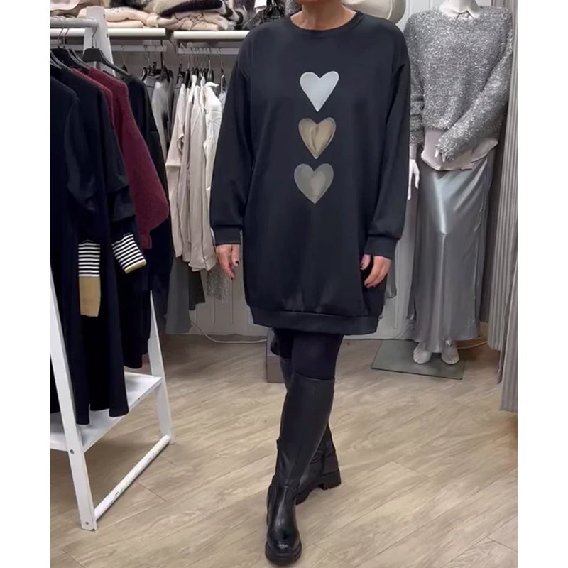 Black Round Neck Heart Print Long Sleeve Sweatshirt Mini Dress
