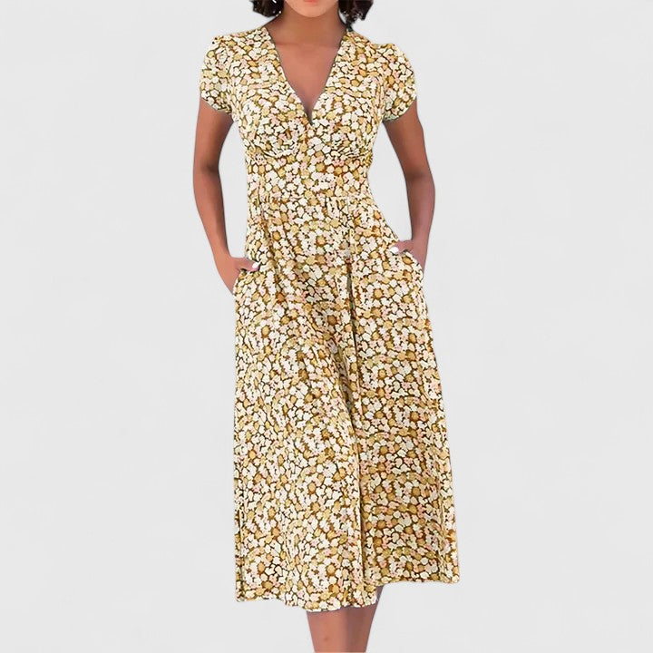 V-Neck Cap Sleeve Ditsy Floral Wrap A-Line Midi Dress 2