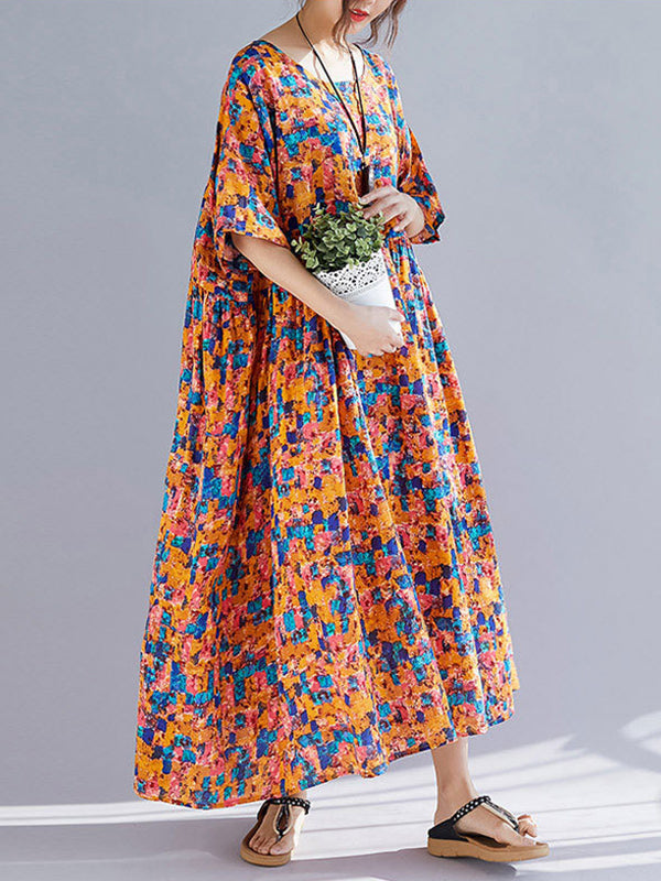 Multi Color Round Neck Abstract Floral Print Pleated Short Sleeve A-Line Maxi Dress