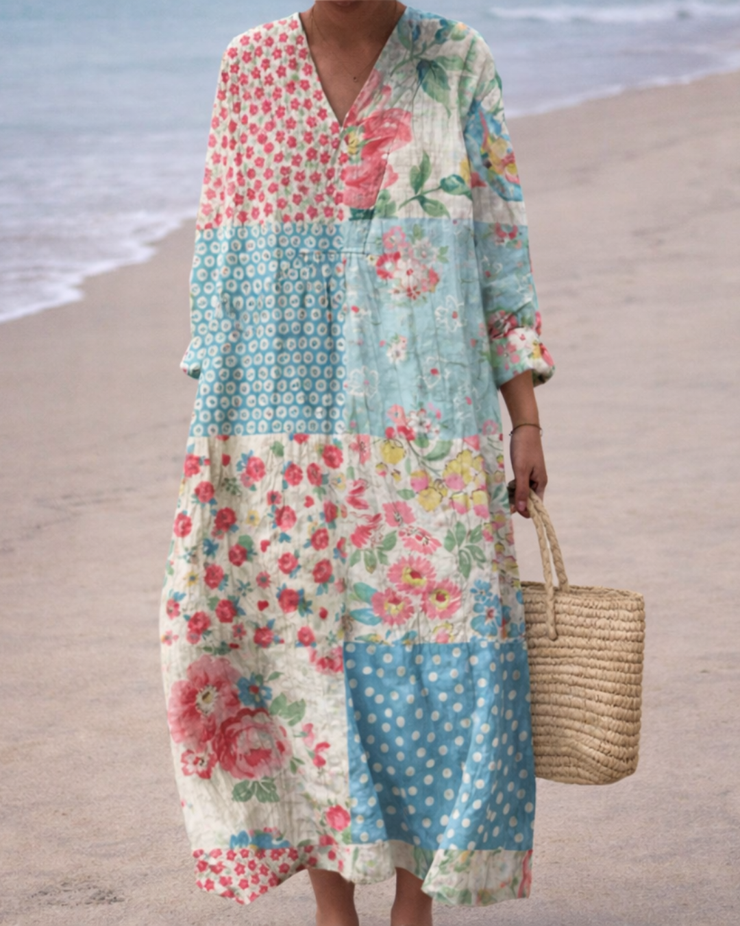 V-Neck Floral Patchwork Print Long Sleeve Tiered Maxi Dress