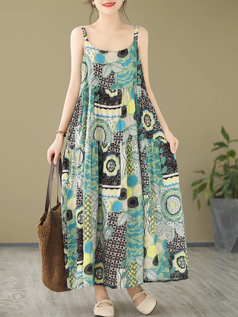 Scoop Neck Spaghetti Strap Abstract Print A-Line Maxi Dress