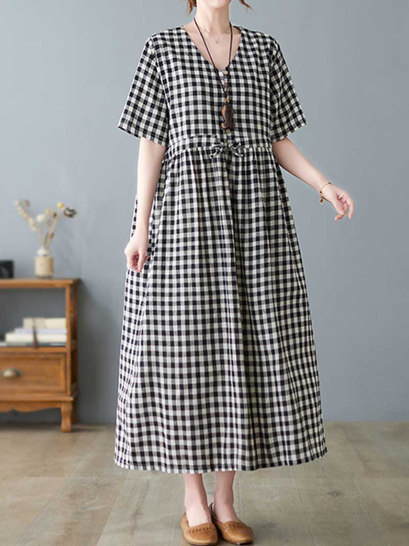 Black V-Neck Gingham Plaid Drawstring Waist Short Sleeve Cotton Midi Dress