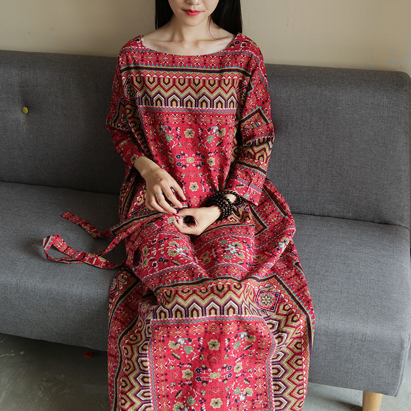 Red Round Neck Ethnic Print Tie Waist Loose Kaftan Maxi Dress