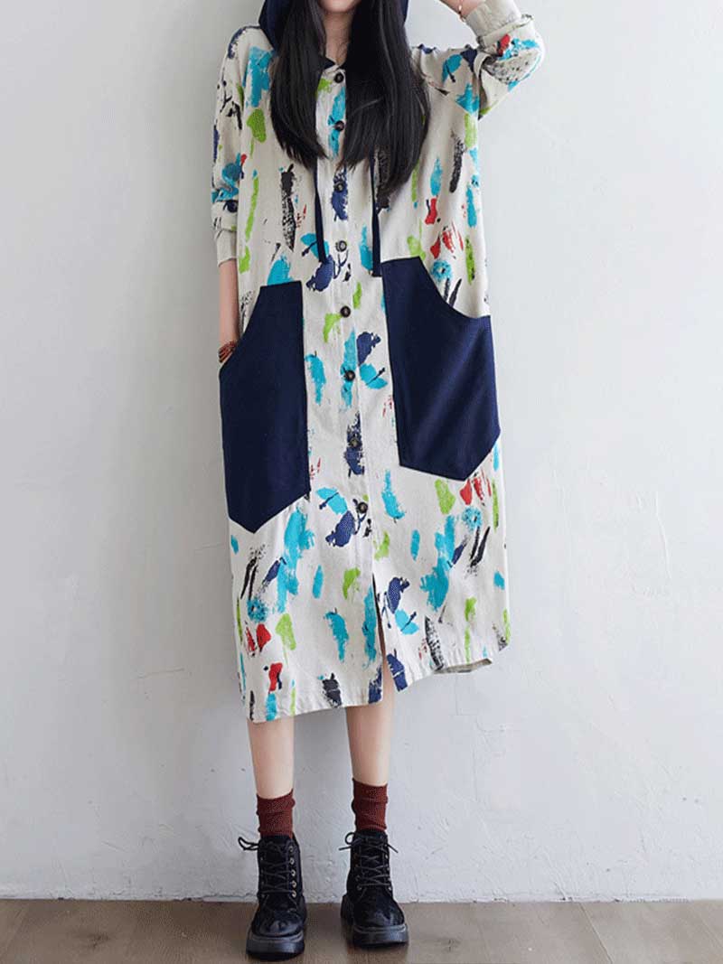 Hooded Button Front Abstract Print Patch Pocket Long Sleeve Midi Dress
