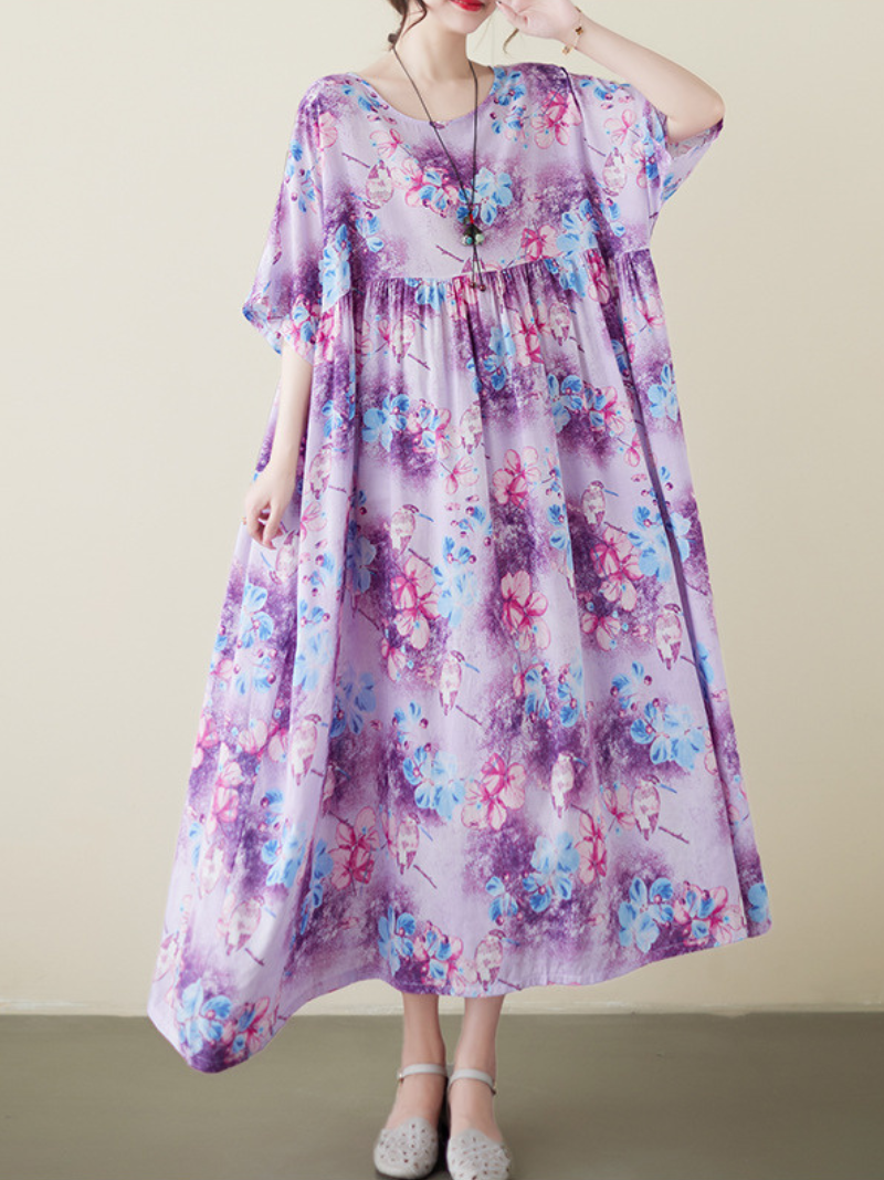 Purple Round Neck Batwing Sleeve Floral Print Pleated Smock Maxi Dress