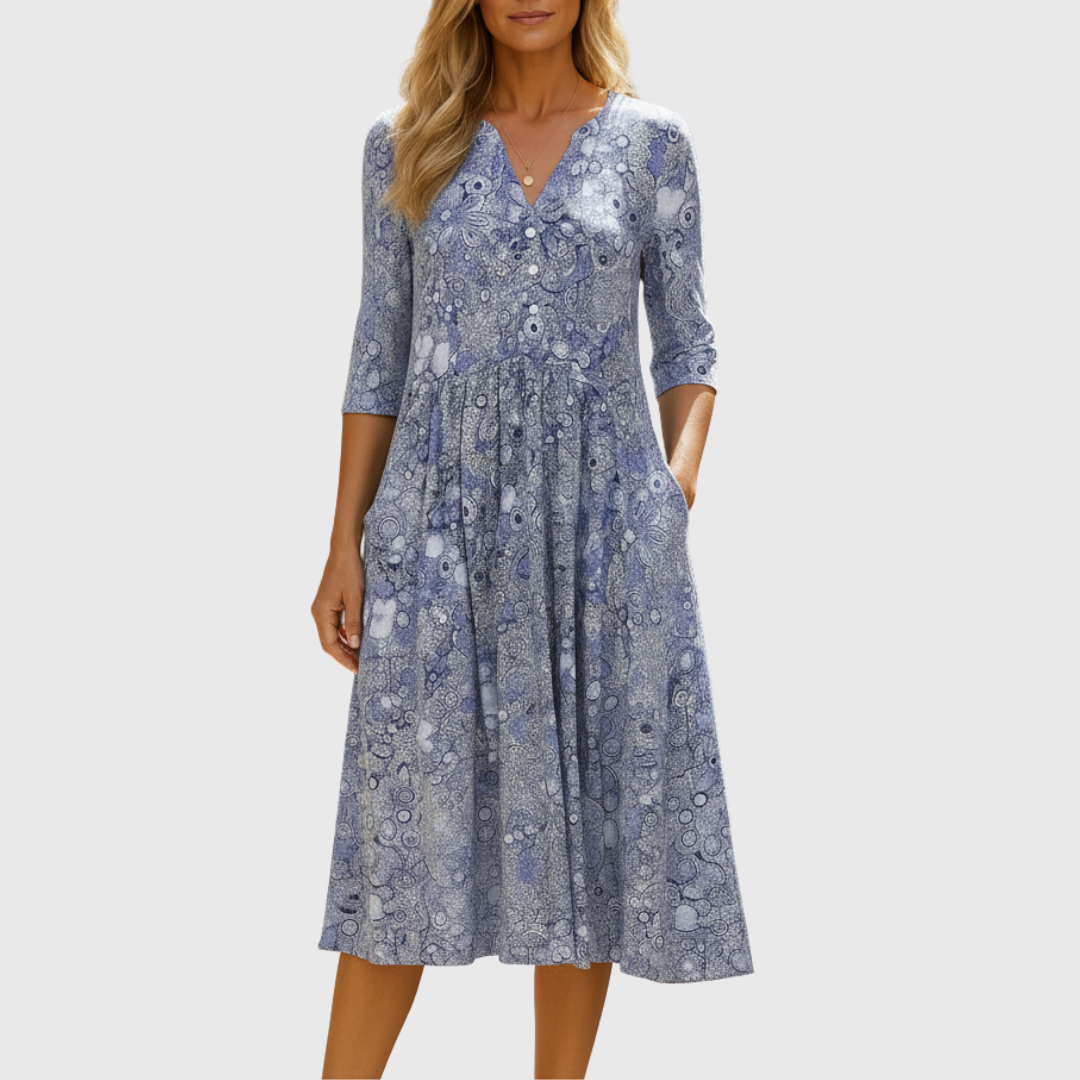 V-Neck Paisley Floral Print Three Quarter Sleeve A-Line Midi Dress 3