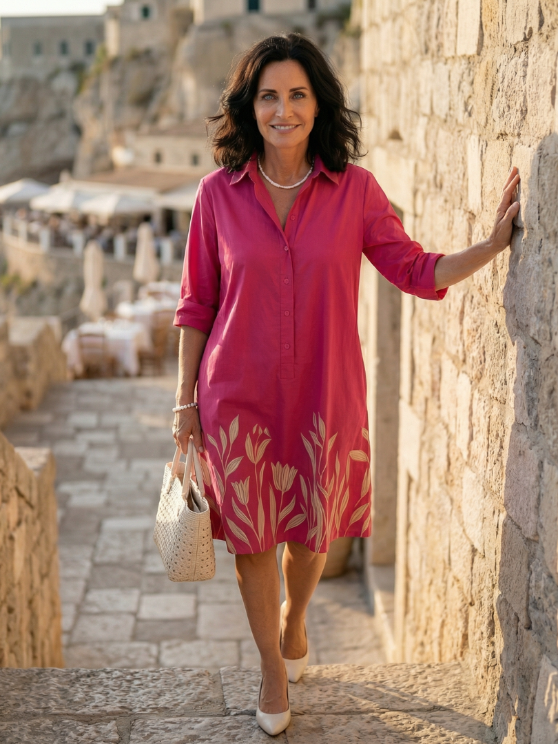 Pink Collar Button Placket Tulip Border Print Shift Midi Dress 2