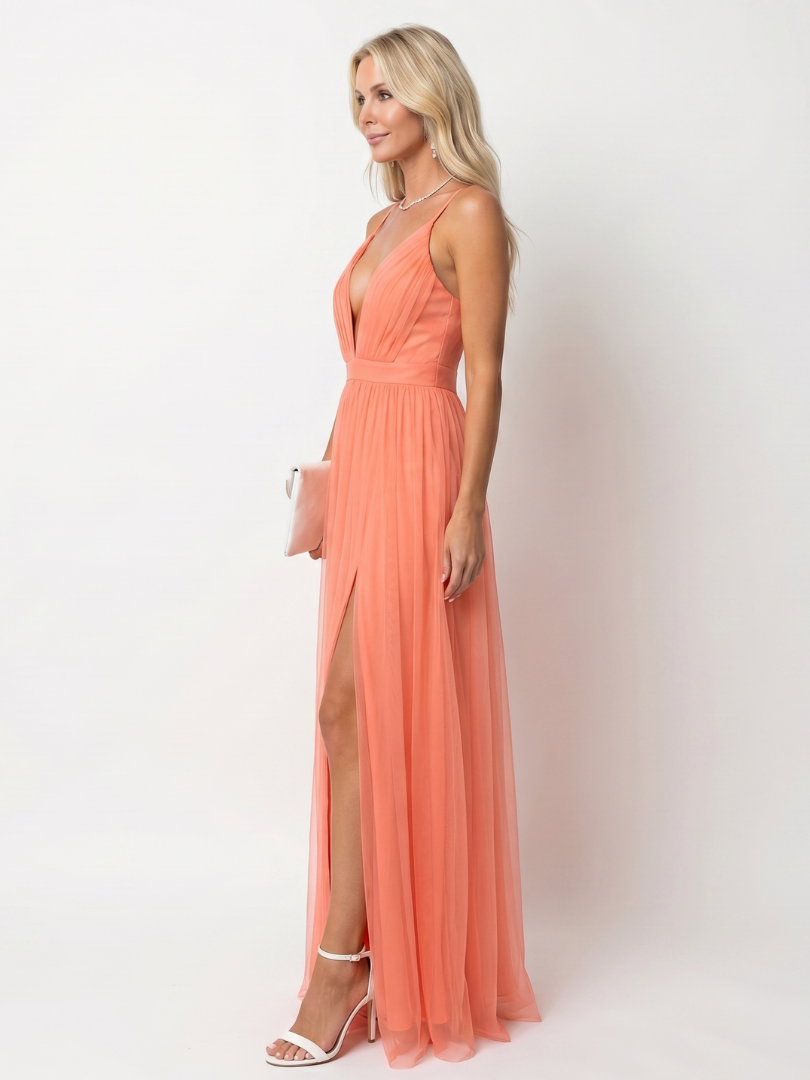 Orange Spaghetti Strap Deep V-Neck Tulle Pleated High Slit Gown 2