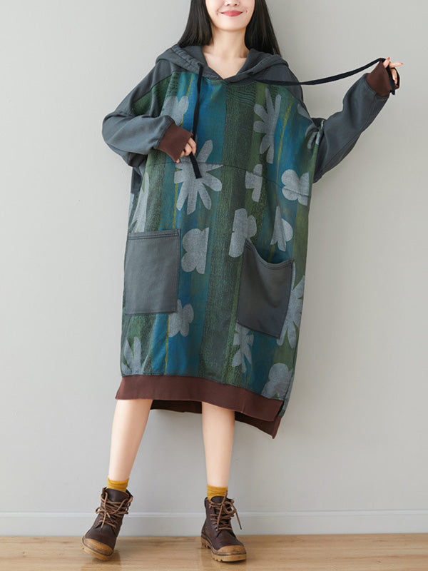 Grey Hooded Floral Print Patch Pocket Long Sleeve Sweatshirt Midi Dress 3
