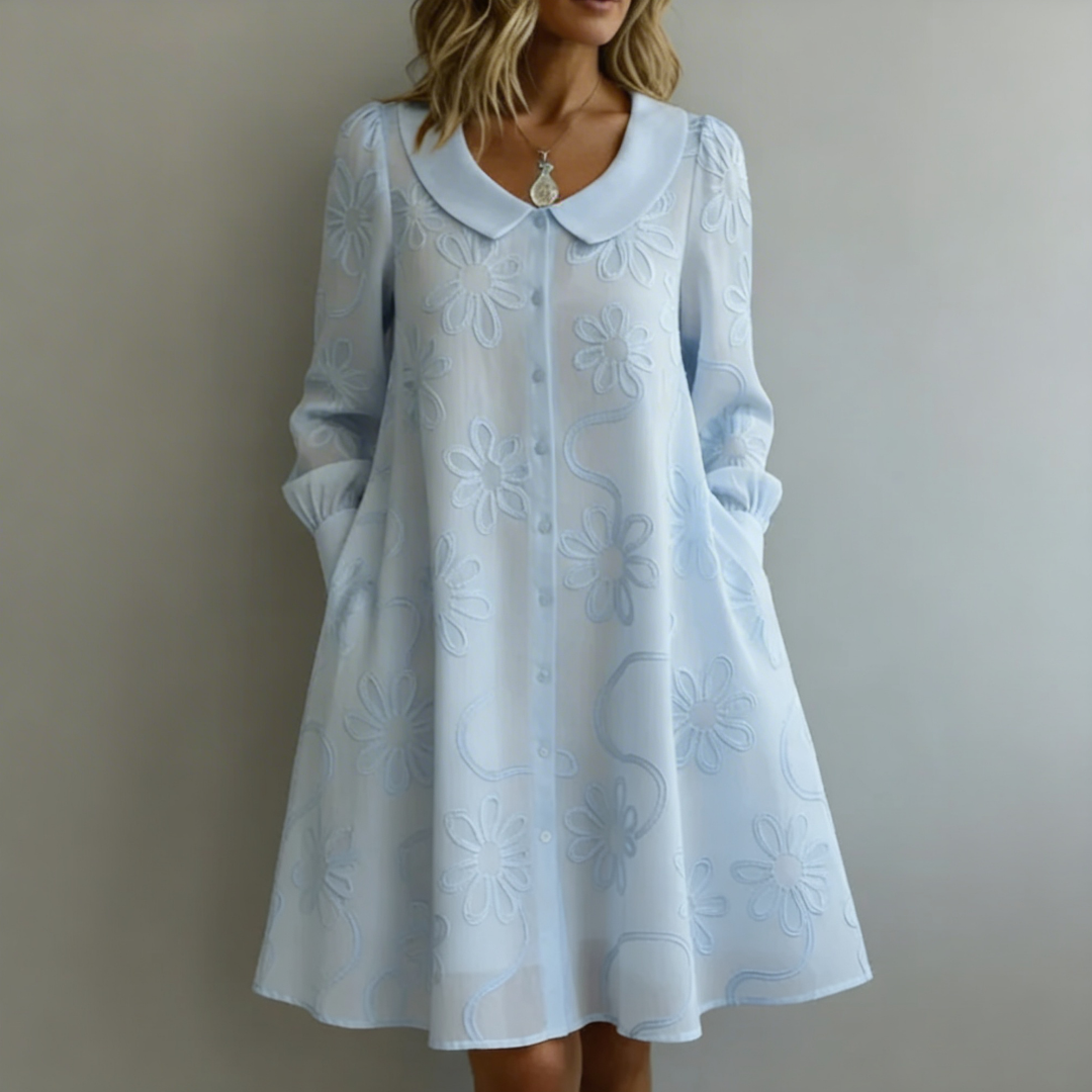 Peter Pan Collar Floral Jacquard Long Sleeve Shift Mini Dress
