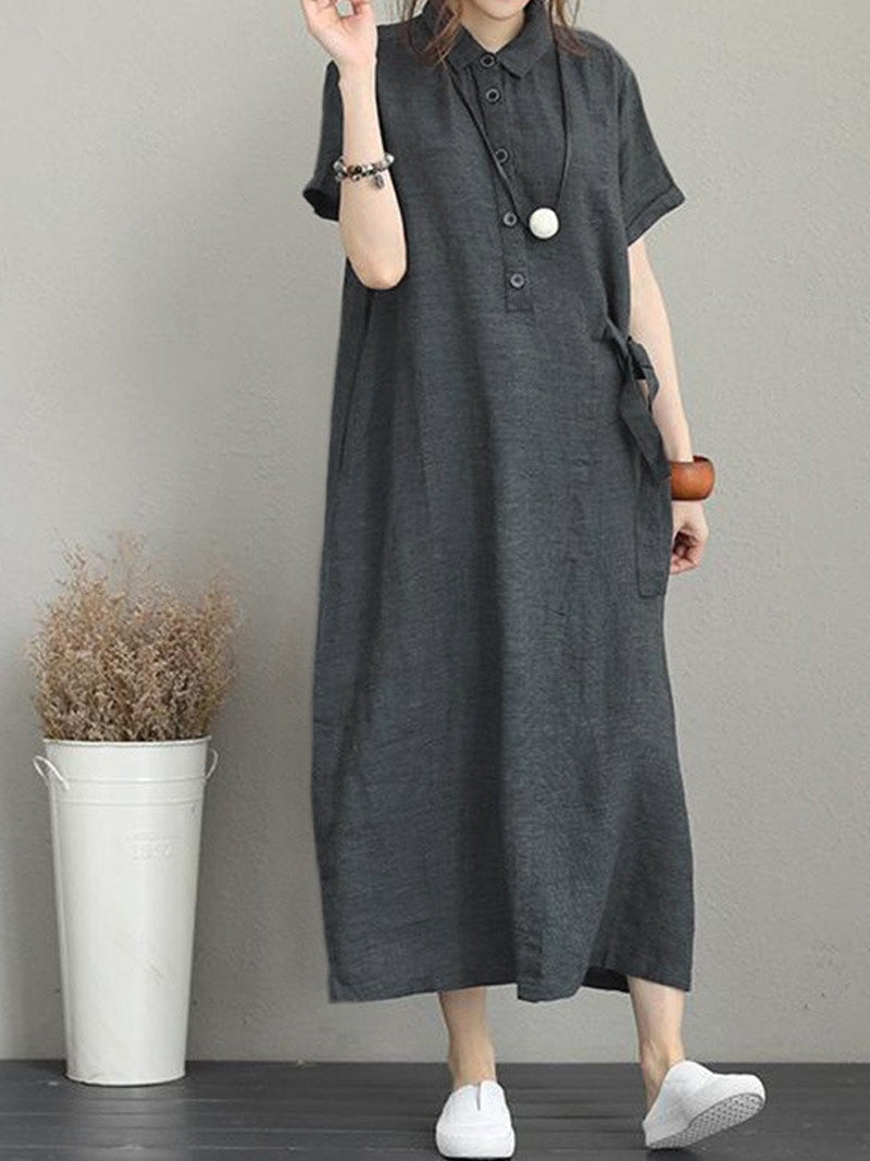 Collared Button Placket Short Sleeve Linen Shirt Maxi Dress 3