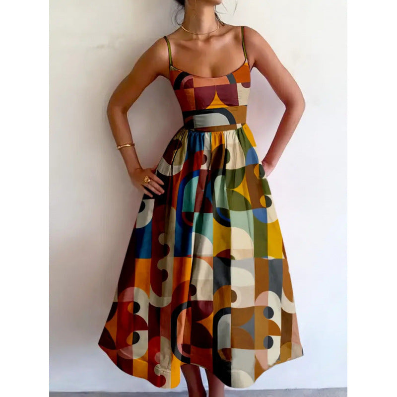 Spaghetti Strap Geometric Print Fit-and-Flare Midi Dress